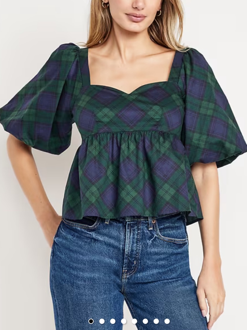 Puff-Sleeve Plaid Poplin Peplum Top - Green/Blue